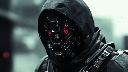 Midnight cyber reaper watches the city through crimson eyes