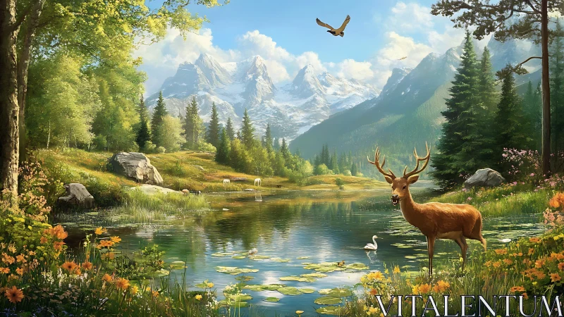 Gentle deer by a mountain lake in a sunlit forest haven.