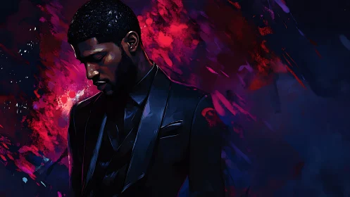 Midnight crooner framed in neon-splashed digital twilight.