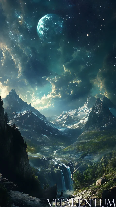 Alien valley under luminous planet and cascading falls.