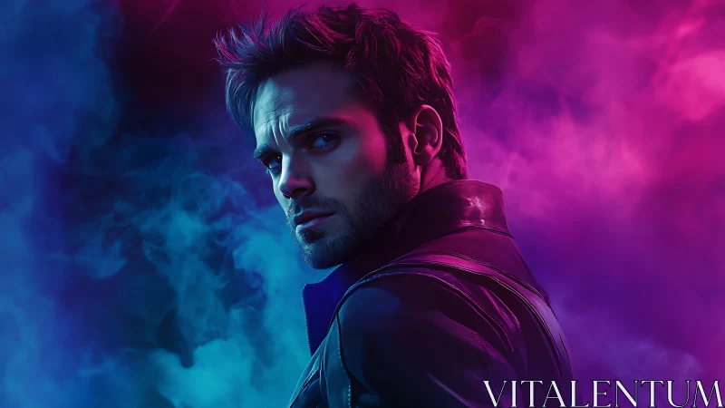 Moody male portrait in neon magenta and cyan fog lighting