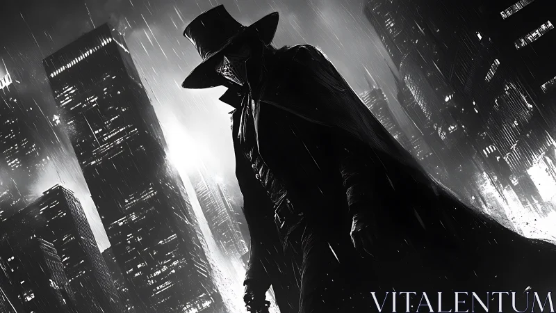 Shadowed vigilante stalks neon city in driving rainstorm.