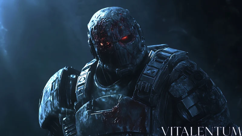 Armored cyborg soldier with glowing red eyes in shadowed void.