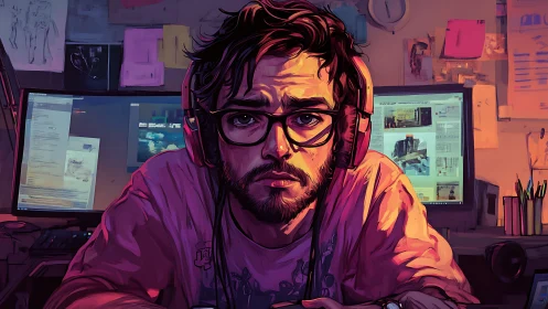 Man with headphones at dual monitors in dim workspace.