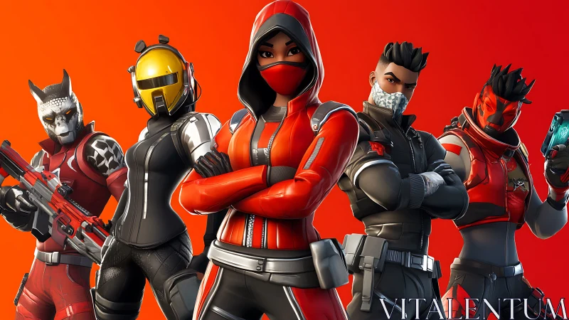 Five stylized game warriors posed on bold orange backdrop.