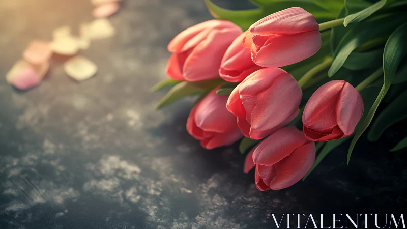 Blush-tipped tulip chorus resting on a moody marble night.