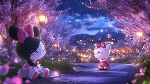 Chibi friends share a quiet cherry blossom night by the river
