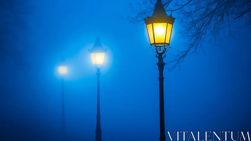 Gentle streetlamps glowing softly in a quiet blue foggy night.