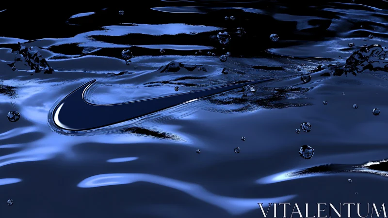 Metallic swoosh form is rendered within reflective fluid