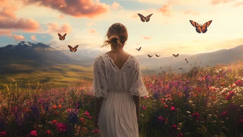 Backlit figure in alpine wildflower meadow with butterflies.