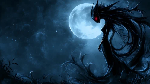 Lunar-silhouetted wraith entity with flowing spectral vectors.