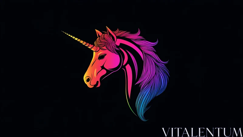 Neon rainbow unicorn portrait glowing in deep night sky.