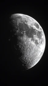 First quarter moon with detailed craters in stark contrast.