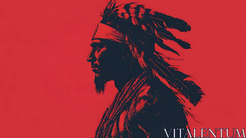 Profile portrait of indigenous warrior in red duotone.
