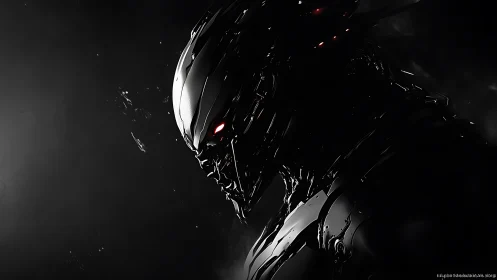 Midnight war‑machine sentinel with ember-lit predator gaze.