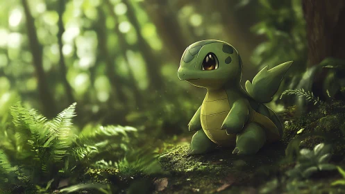 Small green dragon creature sits on mossy forest floor