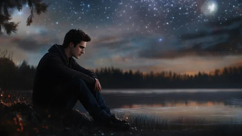 Solitary figure sits by a calm lakeshore under a star field