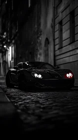 Black sports car on cobblestone street at night in city.