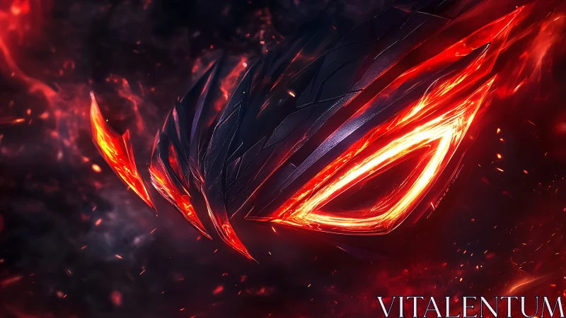 Flaming red angular emblem glows within dark smoky space