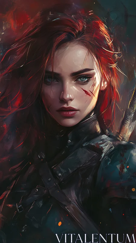 Digital painting portrait of battle-scarred warrior heroine.