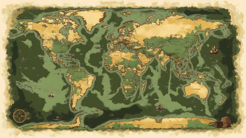 Vintage-style world map with continents and sea vessels.
