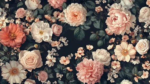 Romantic Florals Against Dark Canvas. Peach and Ivory Blooms.