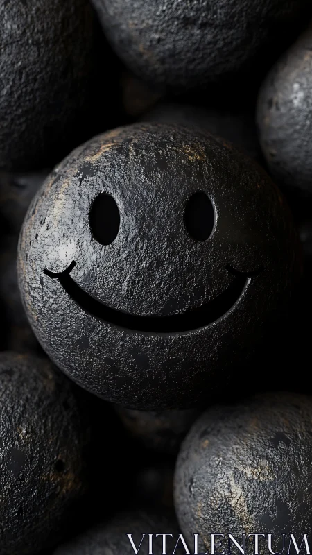 Textured black smiley sphere with high-contrast micro-detail lighting