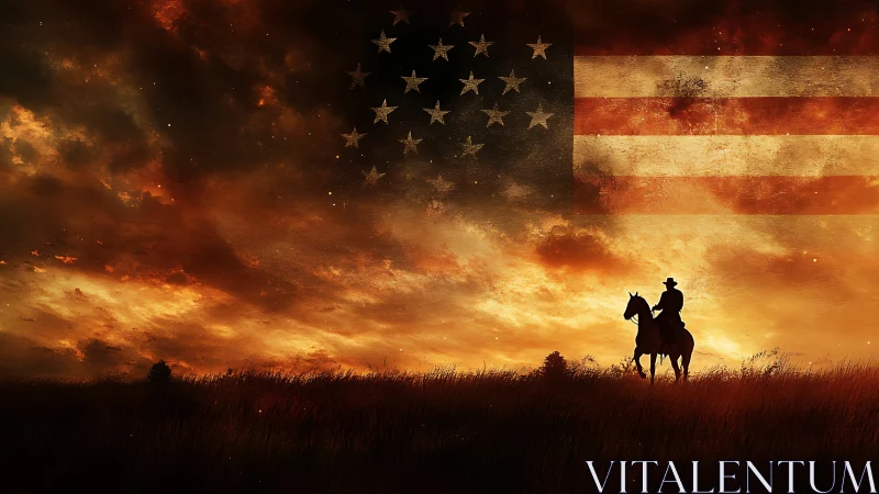 Sunset cowboy silhouette beneath weathered U.S. flag overlay.