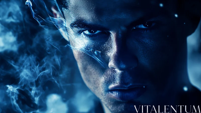 Intense blue-lit male face emerges through swirling smoke.