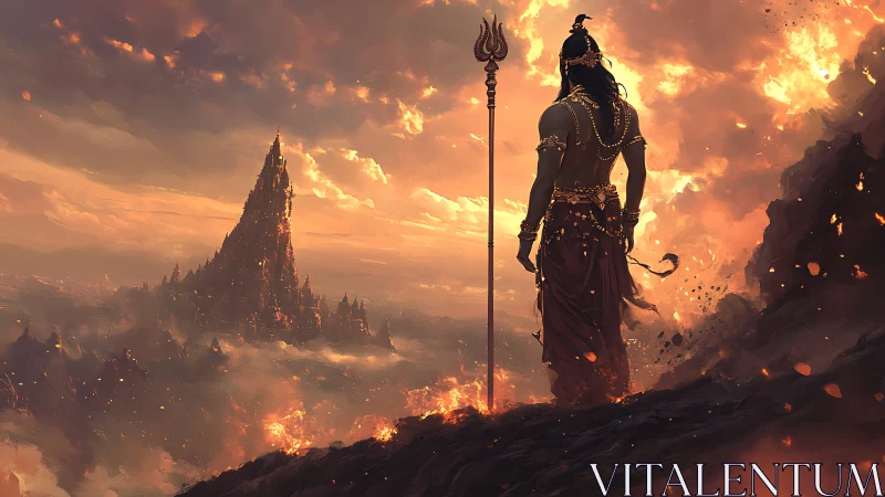 Warrior figure observes burning mountain citadel at dusk