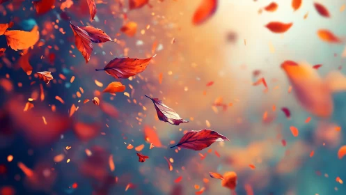 Red autumn leaves drift through shallow depth of field