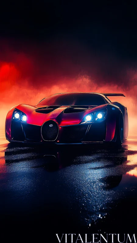 Midnight hypercar prowls through neon stormshine streets.