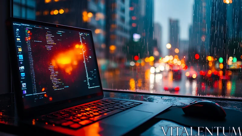 Rainy city workspace glows with code and colorful lights