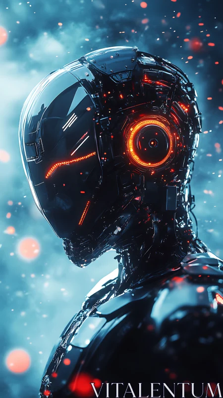 Neon-cored cybernetic android in luminous blue haze.