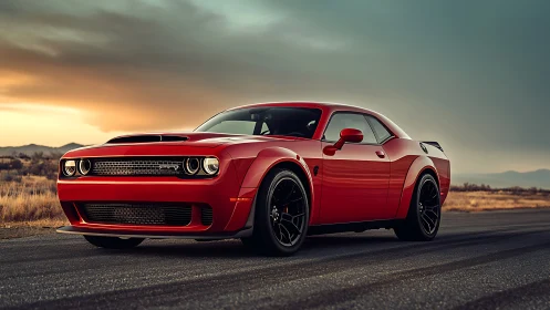 Red muscle car commands an open desert highway at sunset