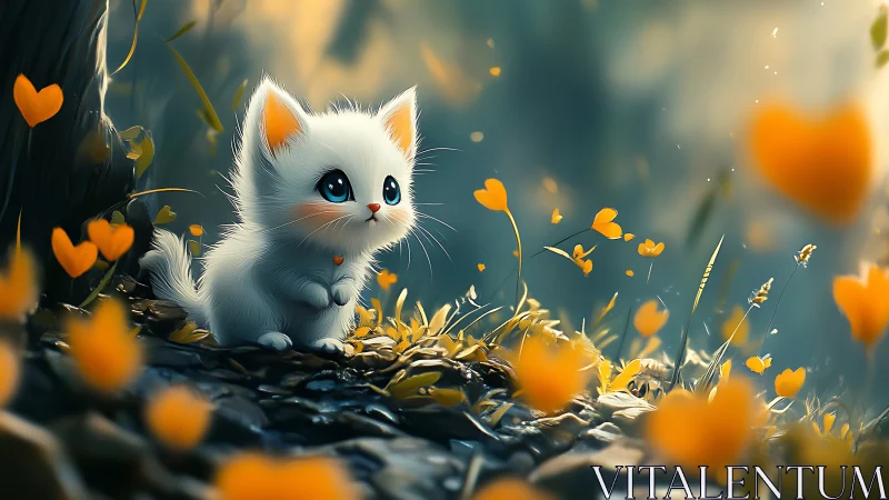 Ethereal White Kitten in Golden Bloom Field with Delicate Heartshaped Flora