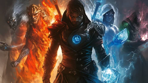 Elemental battle mages aligned in fire, ice, and shadow.