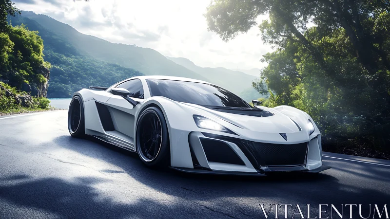 White futuristic sports car on winding forest mountain road.