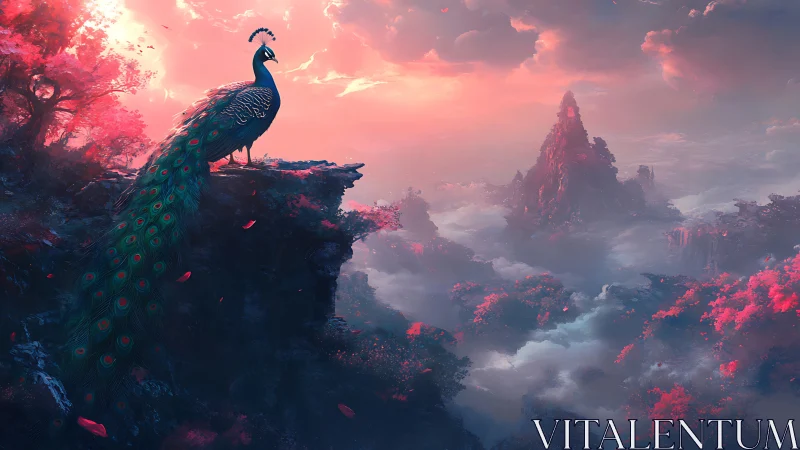 Majestic peacock above misty fantasy valley at sunrise.