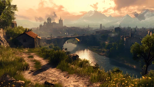 Sunlit medieval riverside cityscape with arched stone bridge