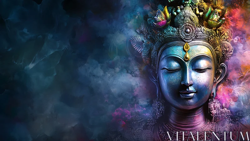 Celestial deity in prismatic mist and meditative stillness.