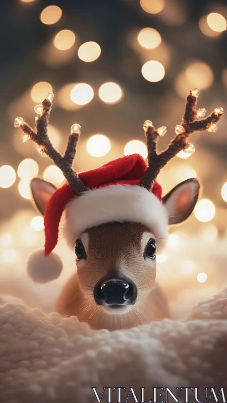 Baby reindeer wears Santa hat under glowing holiday bokeh.