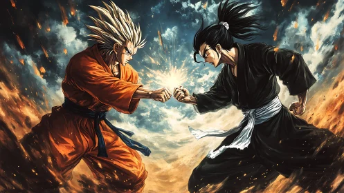 Furious anime warriors collide in a flaming sky duel.