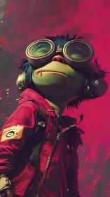 Goggled simian drifter surveys neon skyline in crimson haze