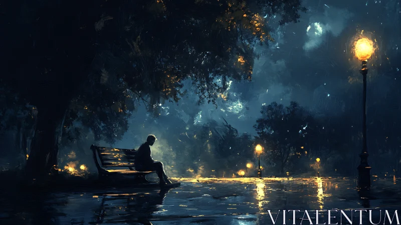 Solitary figure on rain-soaked bench under nocturnal lamplight.