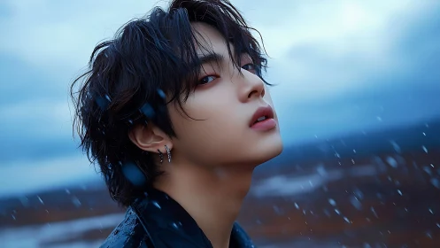 Moody close-up portrait in blue-toned rain with shallow depth