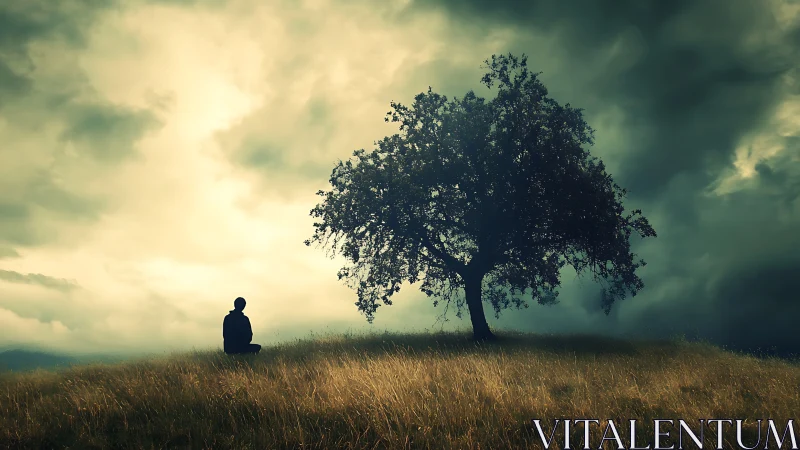 Solitary figure under storm-lit tree on windswept hillside