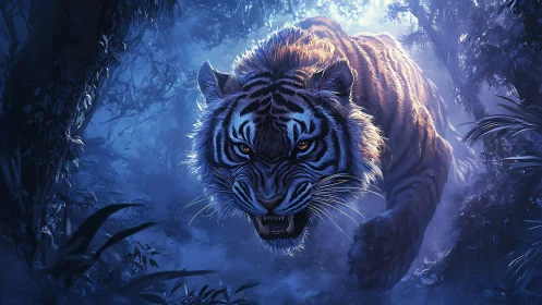 Moonlit tiger charge through misty jungle shadows at night.