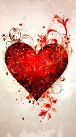 Red heart with ornamental swirls and botanical flourishes