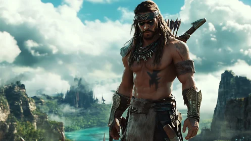 Barbarian warrior overlooking lush fantasy valley landscape.